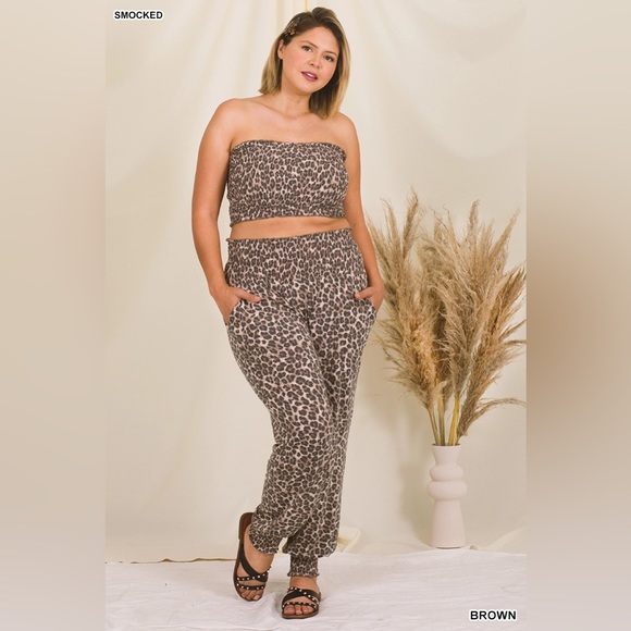 Plus Size Leopard Smocked Tube Top & Lounge Jogger Pants - Picture 1 of 3